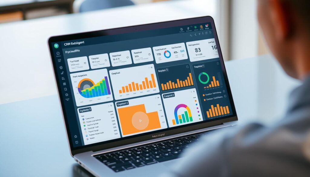 Generate an image of a CRM dashboard on a laptop screen Generate an image of a CRM dashboard on a laptop screen