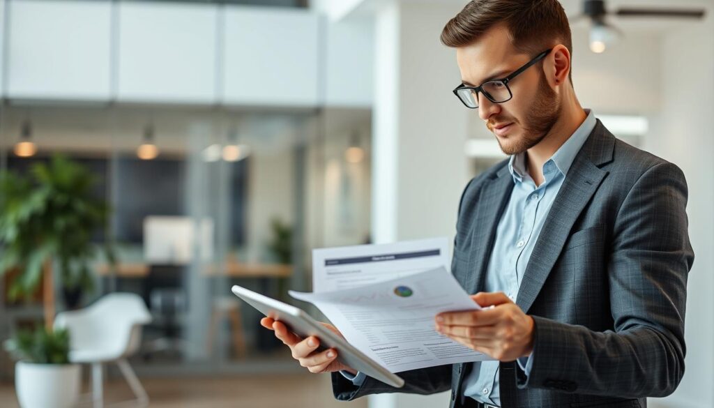 Generate an image of a business professional reviewing a customized marketing plan on a tablet. Generate an image of a business professional reviewing a customized marketing plan on a tablet.