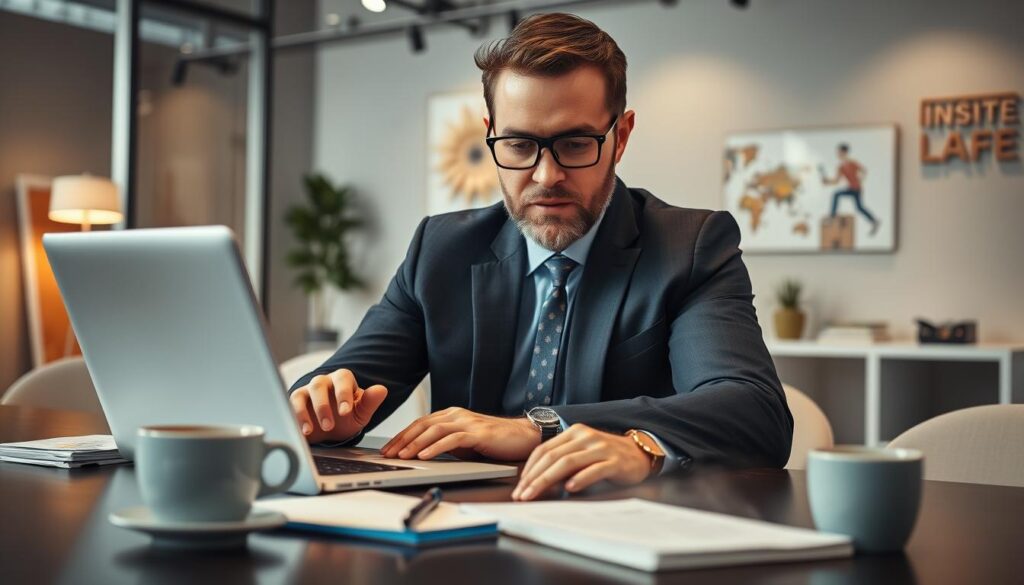 Generate an image of a business professional setting up GoHighLevel on their computer Generate an image of a business professional setting up GoHighLevel on their computer