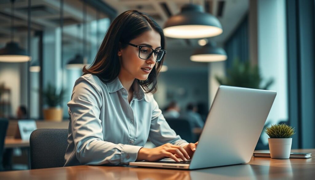 Generate an image of a business professional using GoHighLevel on a laptop Generate an image of a business professional using GoHighLevel on a laptop