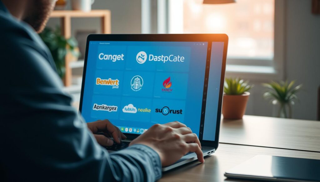 Generate an image of a freelancer working on a laptop with multiple client logos on the screen. Generate an image of a freelancer working on a laptop with multiple client logos on the screen.