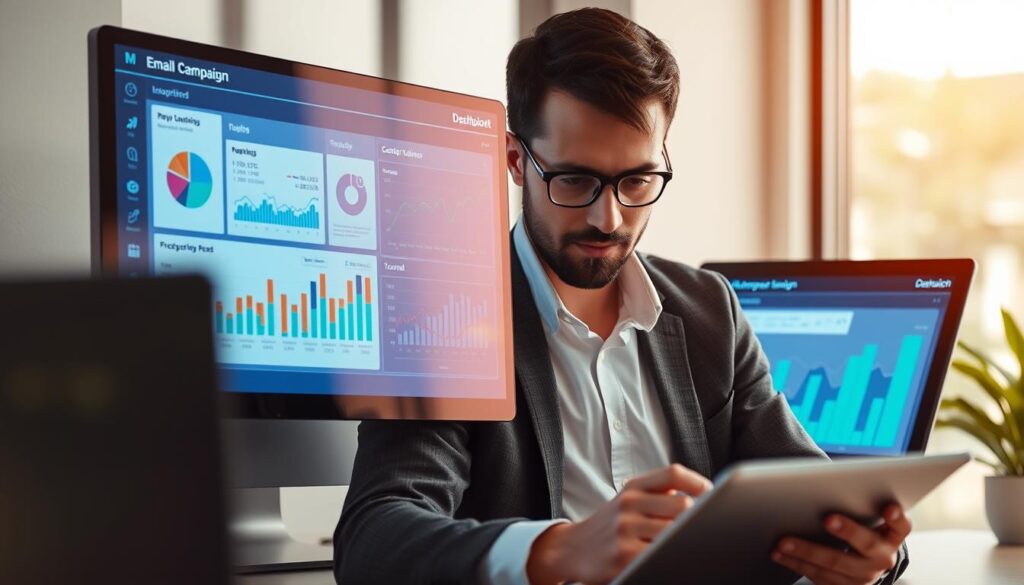 Generate an image of a marketer analyzing email campaign metrics on a dashboard Generate an image of a marketer analyzing email campaign metrics on a dashboard