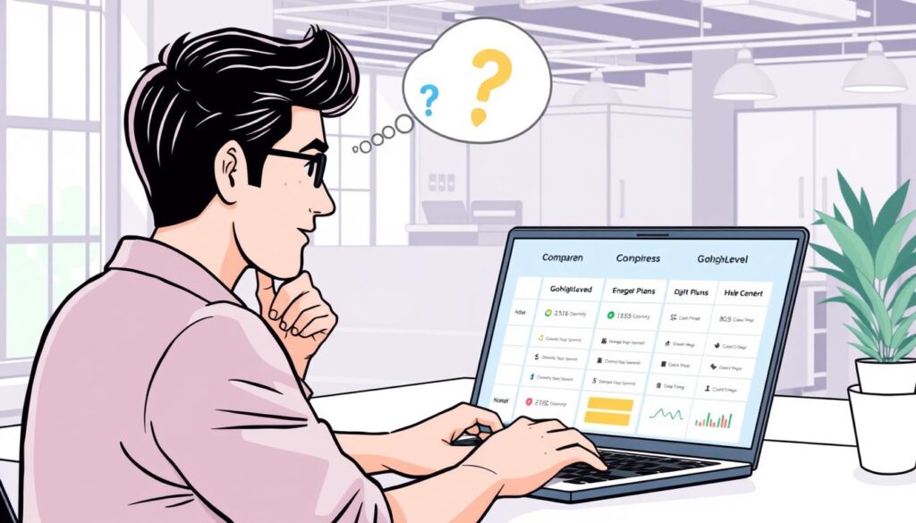 Image of a person evaluating different GoHighLevel plans on a laptop Image of a person evaluating different GoHighLevel plans on a laptop