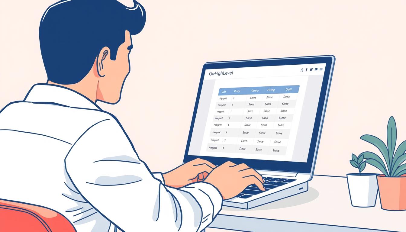 Image of a person using GoHighLevel on a laptop with a pricing table visible Image of a person using GoHighLevel on a laptop with a pricing table visible